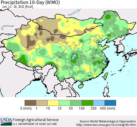 China, Mongolia and Taiwan Precipitation 10-Day (WMO) Thematic Map For 6/11/2021 - 6/20/2021