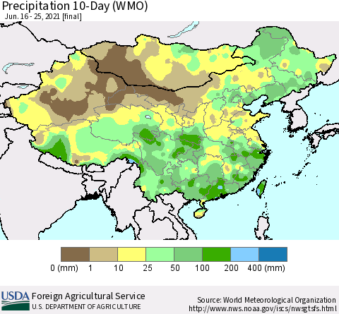 China, Mongolia and Taiwan Precipitation 10-Day (WMO) Thematic Map For 6/16/2021 - 6/25/2021