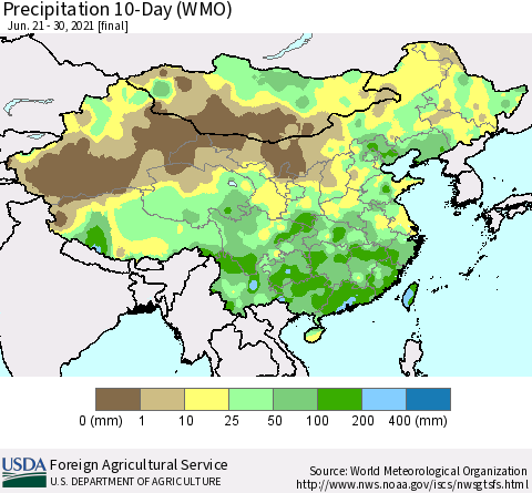 China, Mongolia and Taiwan Precipitation 10-Day (WMO) Thematic Map For 6/21/2021 - 6/30/2021