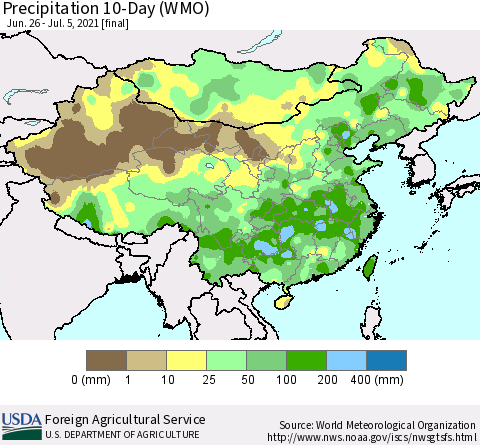 China, Mongolia and Taiwan Precipitation 10-Day (WMO) Thematic Map For 6/26/2021 - 7/5/2021