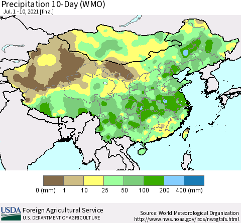 China, Mongolia and Taiwan Precipitation 10-Day (WMO) Thematic Map For 7/1/2021 - 7/10/2021