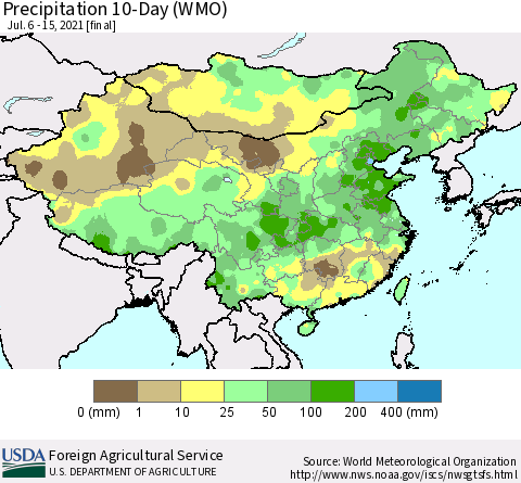 China, Mongolia and Taiwan Precipitation 10-Day (WMO) Thematic Map For 7/6/2021 - 7/15/2021
