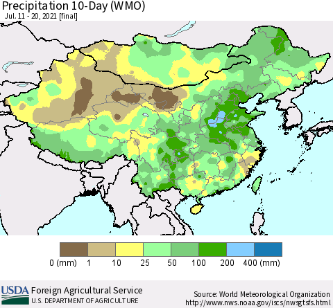 China, Mongolia and Taiwan Precipitation 10-Day (WMO) Thematic Map For 7/11/2021 - 7/20/2021