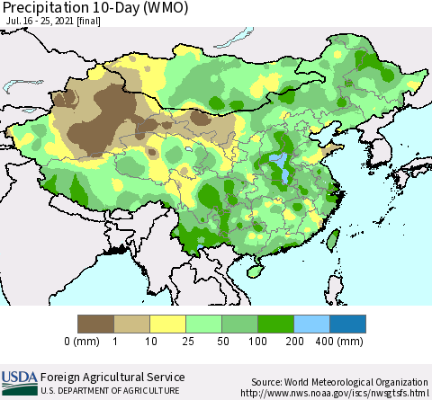 China, Mongolia and Taiwan Precipitation 10-Day (WMO) Thematic Map For 7/16/2021 - 7/25/2021
