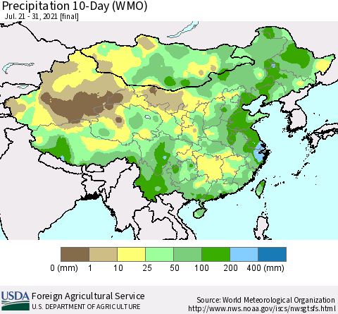 China, Mongolia and Taiwan Precipitation 10-Day (WMO) Thematic Map For 7/21/2021 - 7/31/2021