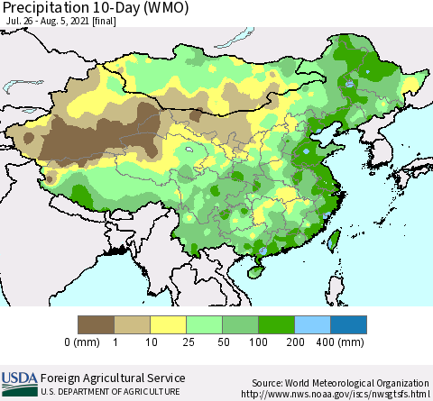 China, Mongolia and Taiwan Precipitation 10-Day (WMO) Thematic Map For 7/26/2021 - 8/5/2021