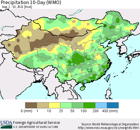 China, Mongolia and Taiwan Precipitation 10-Day (WMO) Thematic Map For 8/1/2021 - 8/10/2021