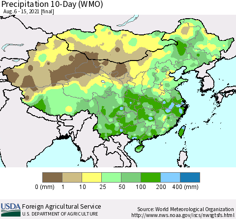 China, Mongolia and Taiwan Precipitation 10-Day (WMO) Thematic Map For 8/6/2021 - 8/15/2021