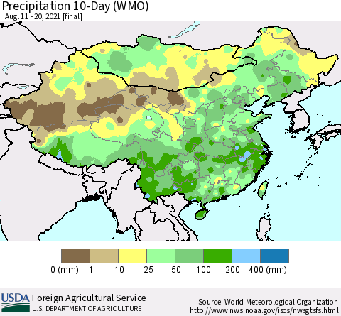 China, Mongolia and Taiwan Precipitation 10-Day (WMO) Thematic Map For 8/11/2021 - 8/20/2021