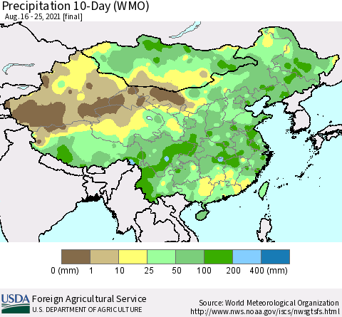 China, Mongolia and Taiwan Precipitation 10-Day (WMO) Thematic Map For 8/16/2021 - 8/25/2021