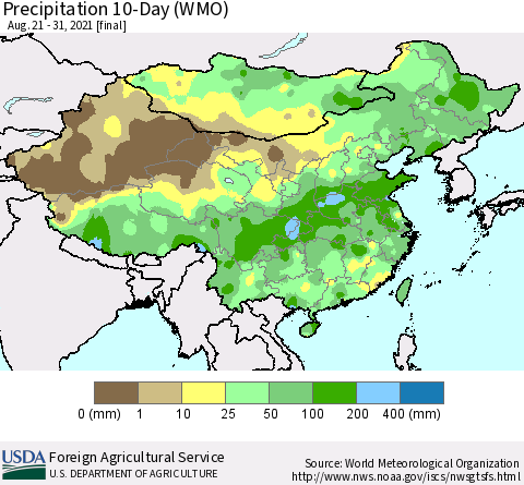 China, Mongolia and Taiwan Precipitation 10-Day (WMO) Thematic Map For 8/21/2021 - 8/31/2021