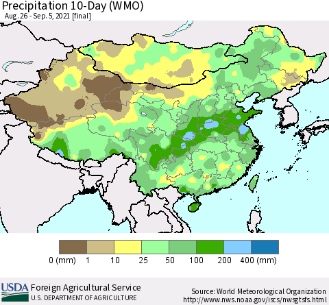 China, Mongolia and Taiwan Precipitation 10-Day (WMO) Thematic Map For 8/26/2021 - 9/5/2021