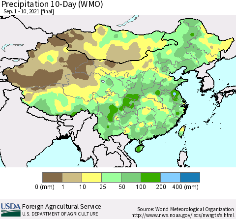 China, Mongolia and Taiwan Precipitation 10-Day (WMO) Thematic Map For 9/1/2021 - 9/10/2021