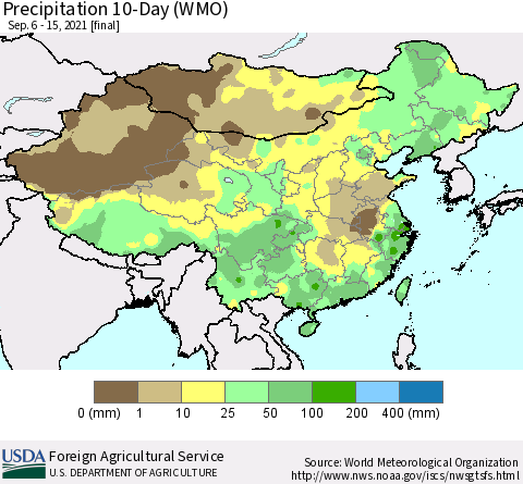 China, Mongolia and Taiwan Precipitation 10-Day (WMO) Thematic Map For 9/6/2021 - 9/15/2021
