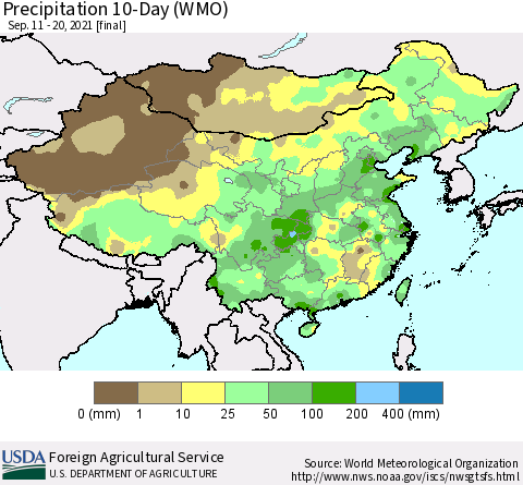 China, Mongolia and Taiwan Precipitation 10-Day (WMO) Thematic Map For 9/11/2021 - 9/20/2021