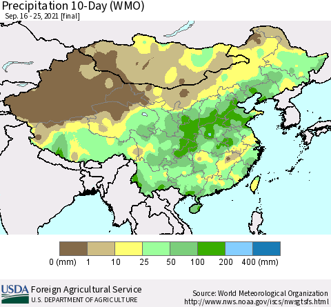 China, Mongolia and Taiwan Precipitation 10-Day (WMO) Thematic Map For 9/16/2021 - 9/25/2021