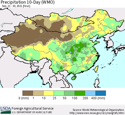China, Mongolia and Taiwan Precipitation 10-Day (WMO) Thematic Map For 9/21/2021 - 9/30/2021