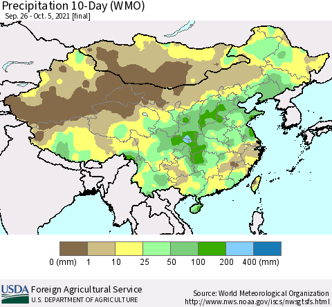 China, Mongolia and Taiwan Precipitation 10-Day (WMO) Thematic Map For 9/26/2021 - 10/5/2021