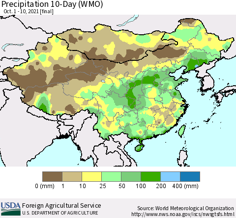 China, Mongolia and Taiwan Precipitation 10-Day (WMO) Thematic Map For 10/1/2021 - 10/10/2021