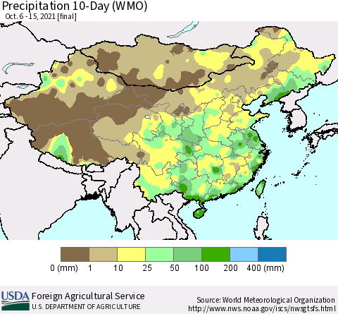 China, Mongolia and Taiwan Precipitation 10-Day (WMO) Thematic Map For 10/6/2021 - 10/15/2021