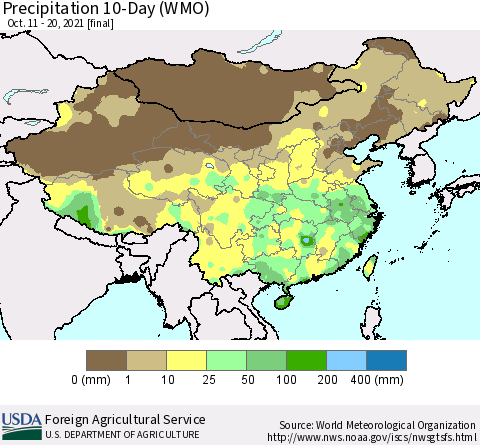 China, Mongolia and Taiwan Precipitation 10-Day (WMO) Thematic Map For 10/11/2021 - 10/20/2021