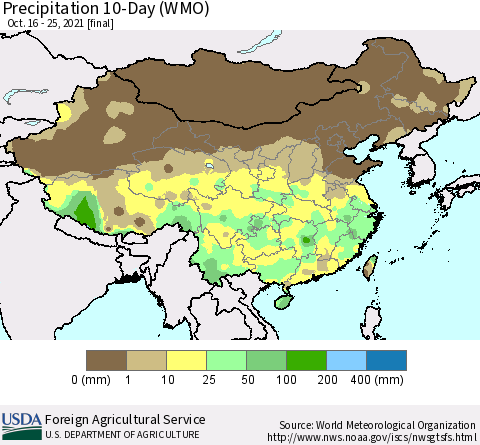 China, Mongolia and Taiwan Precipitation 10-Day (WMO) Thematic Map For 10/16/2021 - 10/25/2021