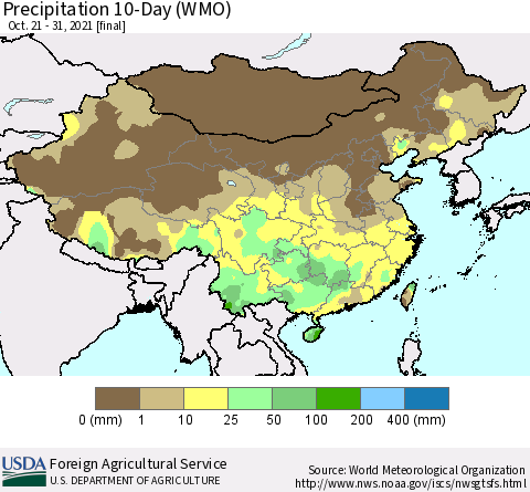 China, Mongolia and Taiwan Precipitation 10-Day (WMO) Thematic Map For 10/21/2021 - 10/31/2021