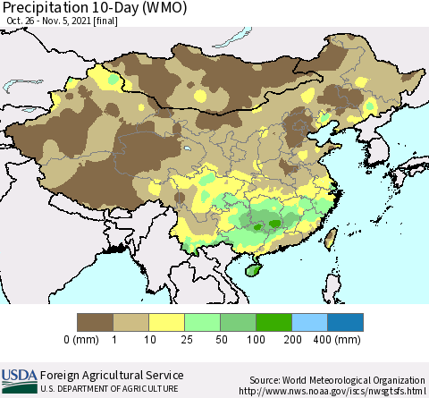 China, Mongolia and Taiwan Precipitation 10-Day (WMO) Thematic Map For 10/26/2021 - 11/5/2021