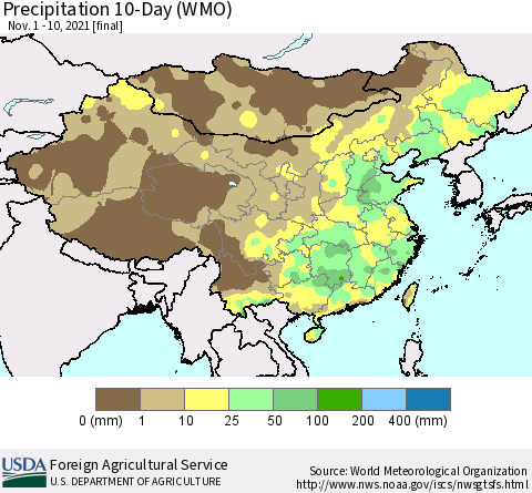 China, Mongolia and Taiwan Precipitation 10-Day (WMO) Thematic Map For 11/1/2021 - 11/10/2021