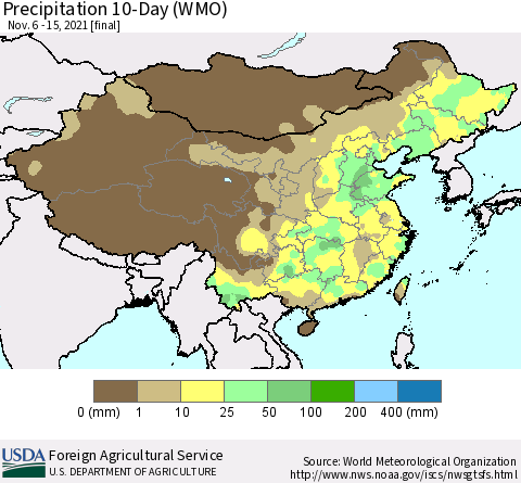 China, Mongolia and Taiwan Precipitation 10-Day (WMO) Thematic Map For 11/6/2021 - 11/15/2021