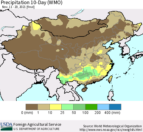 China, Mongolia and Taiwan Precipitation 10-Day (WMO) Thematic Map For 11/11/2021 - 11/20/2021