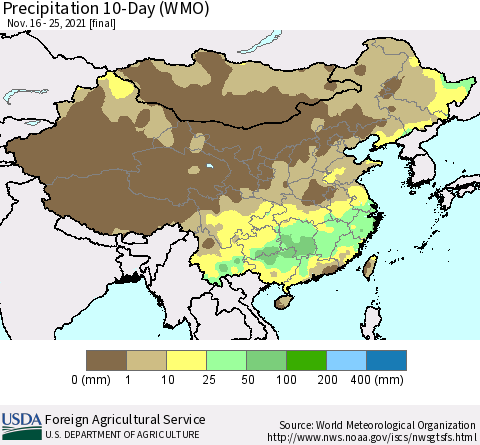 China, Mongolia and Taiwan Precipitation 10-Day (WMO) Thematic Map For 11/16/2021 - 11/25/2021