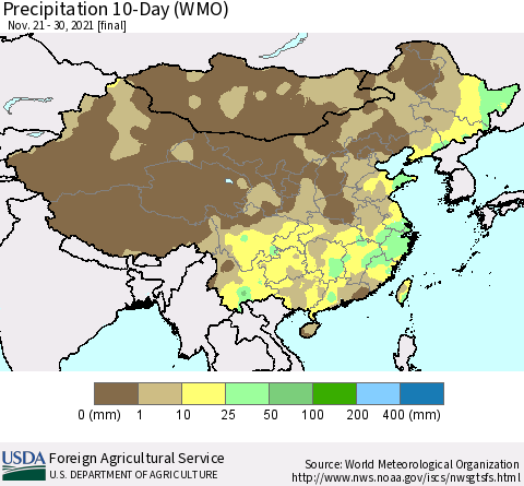 China, Mongolia and Taiwan Precipitation 10-Day (WMO) Thematic Map For 11/21/2021 - 11/30/2021