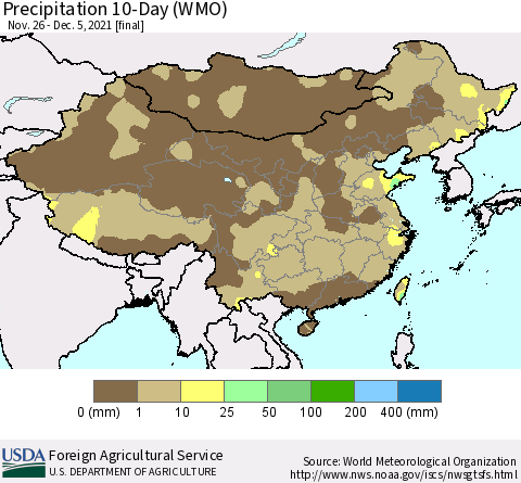 China, Mongolia and Taiwan Precipitation 10-Day (WMO) Thematic Map For 11/26/2021 - 12/5/2021
