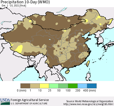 China, Mongolia and Taiwan Precipitation 10-Day (WMO) Thematic Map For 12/1/2021 - 12/10/2021