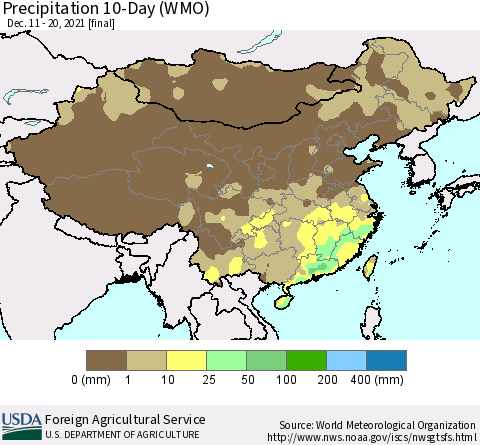 China, Mongolia and Taiwan Precipitation 10-Day (WMO) Thematic Map For 12/11/2021 - 12/20/2021