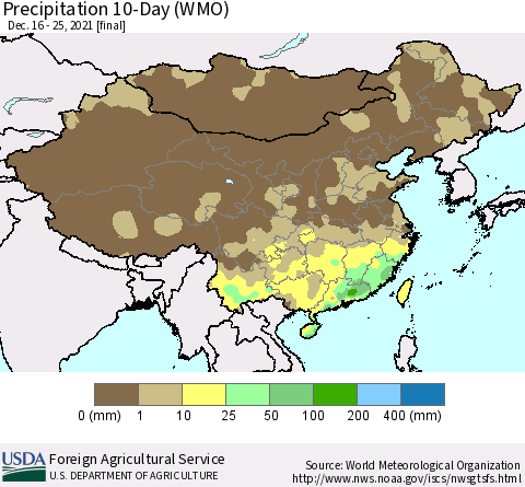 China, Mongolia and Taiwan Precipitation 10-Day (WMO) Thematic Map For 12/16/2021 - 12/25/2021