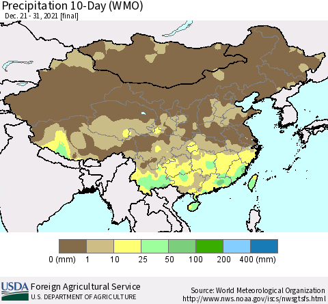 China, Mongolia and Taiwan Precipitation 10-Day (WMO) Thematic Map For 12/21/2021 - 12/31/2021