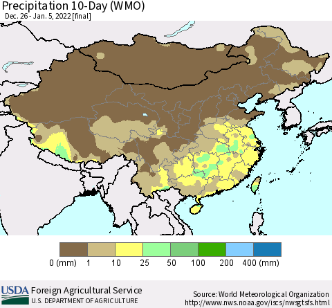 China, Mongolia and Taiwan Precipitation 10-Day (WMO) Thematic Map For 12/26/2021 - 1/5/2022