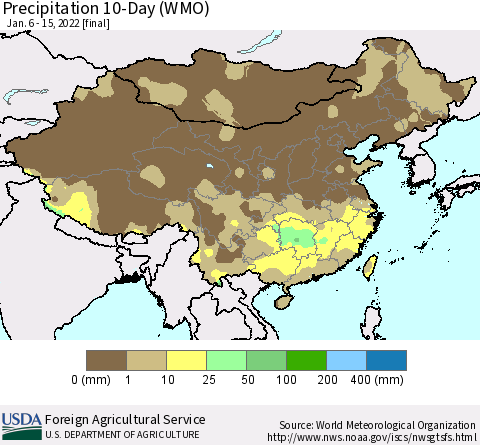 China, Mongolia and Taiwan Precipitation 10-Day (WMO) Thematic Map For 1/6/2022 - 1/15/2022