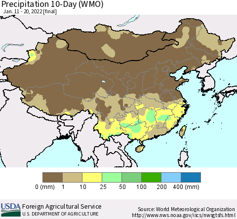 China, Mongolia and Taiwan Precipitation 10-Day (WMO) Thematic Map For 1/11/2022 - 1/20/2022