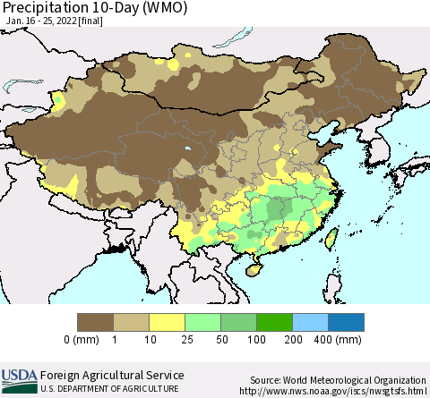 China, Mongolia and Taiwan Precipitation 10-Day (WMO) Thematic Map For 1/16/2022 - 1/25/2022