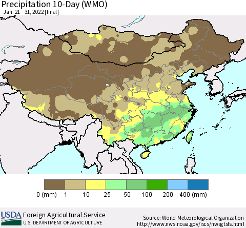 China, Mongolia and Taiwan Precipitation 10-Day (WMO) Thematic Map For 1/21/2022 - 1/31/2022