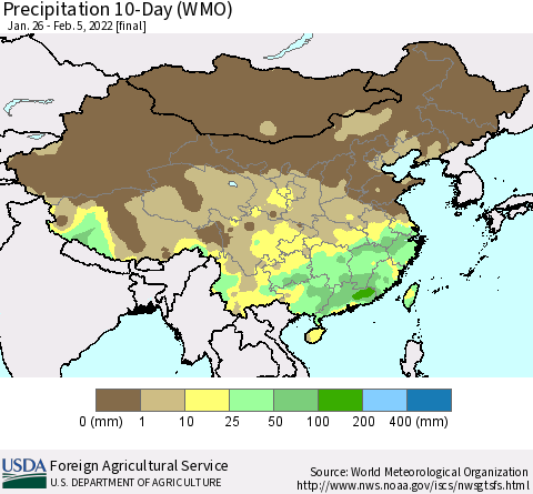 China, Mongolia and Taiwan Precipitation 10-Day (WMO) Thematic Map For 1/26/2022 - 2/5/2022