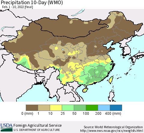 China, Mongolia and Taiwan Precipitation 10-Day (WMO) Thematic Map For 2/1/2022 - 2/10/2022