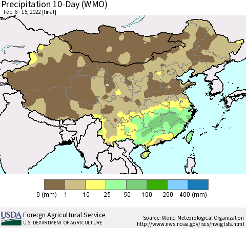China, Mongolia and Taiwan Precipitation 10-Day (WMO) Thematic Map For 2/6/2022 - 2/15/2022