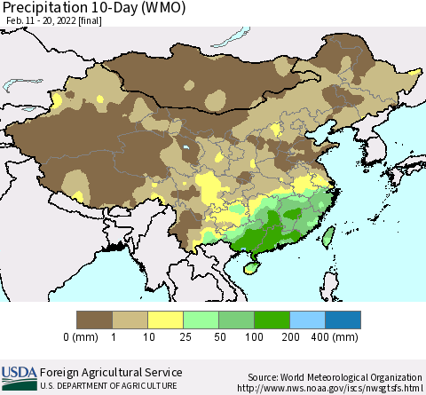 China, Mongolia and Taiwan Precipitation 10-Day (WMO) Thematic Map For 2/11/2022 - 2/20/2022