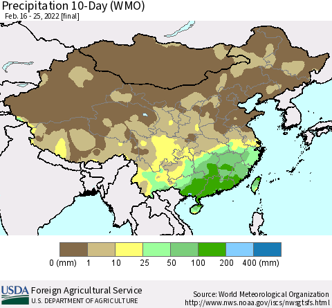 China, Mongolia and Taiwan Precipitation 10-Day (WMO) Thematic Map For 2/16/2022 - 2/25/2022