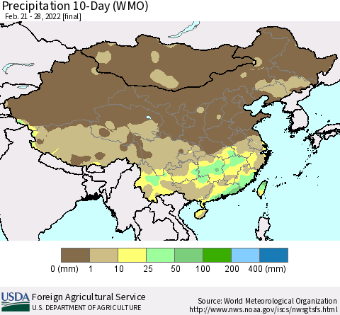 China, Mongolia and Taiwan Precipitation 10-Day (WMO) Thematic Map For 2/21/2022 - 2/28/2022