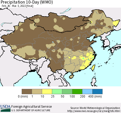 China, Mongolia and Taiwan Precipitation 10-Day (WMO) Thematic Map For 2/26/2022 - 3/5/2022